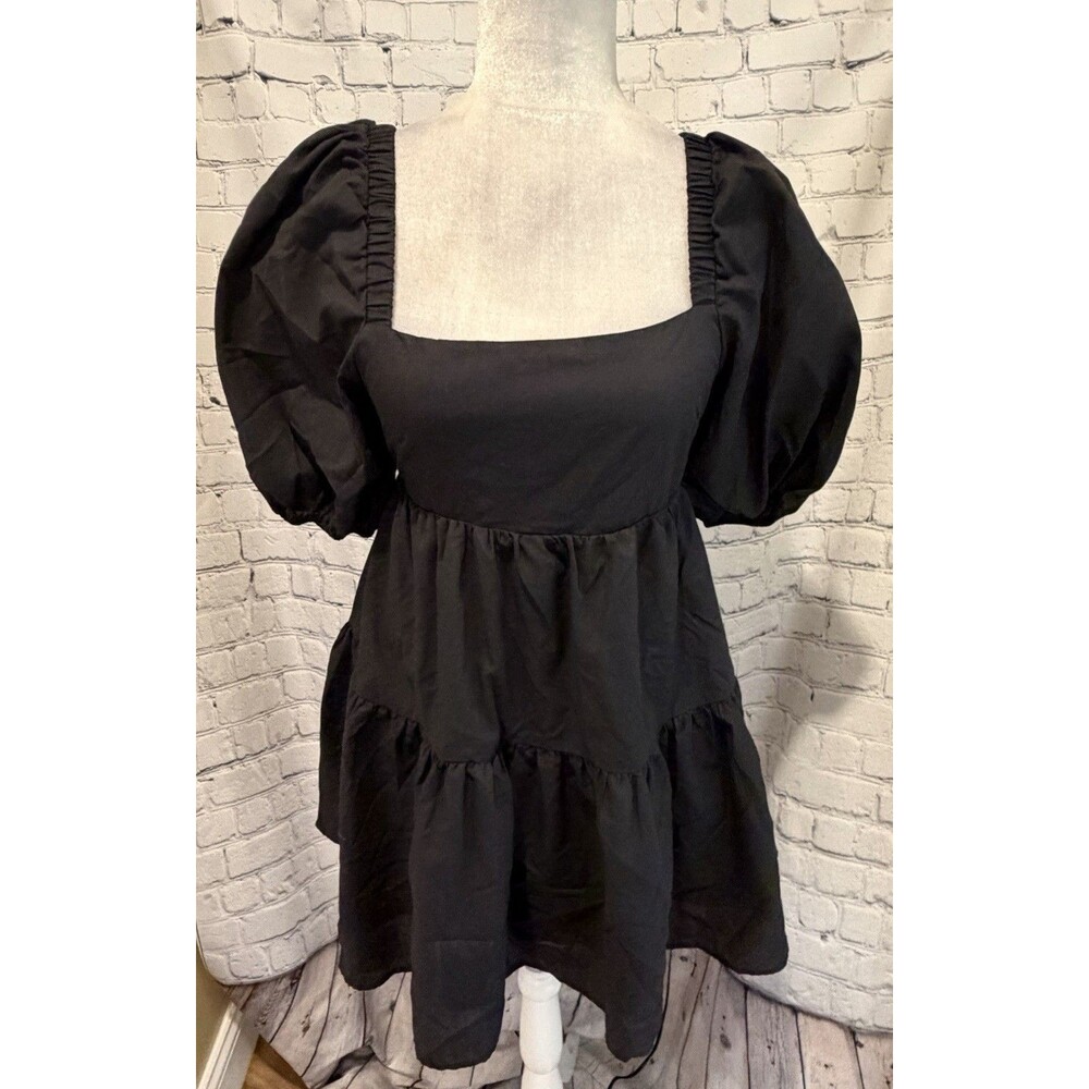 NWT OWNGIGI Women's Black Summer Dress Square Neck Puffy Short Sleeve Tie Back M - Picture 2 of 9